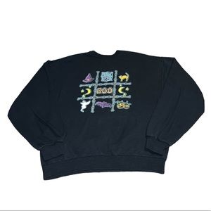 Vintage 90s Halloween Boo Tic Tac Toe Sweater Witch Spider Car Ghost Bat